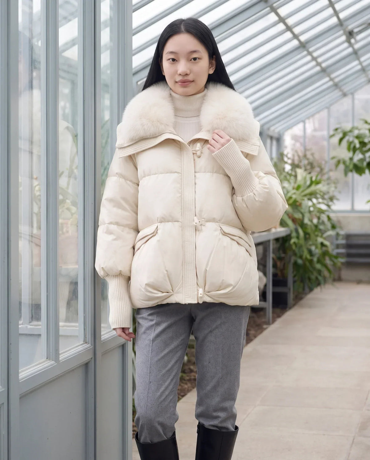 Short Puffer Jacket with Faux Fur Collar
