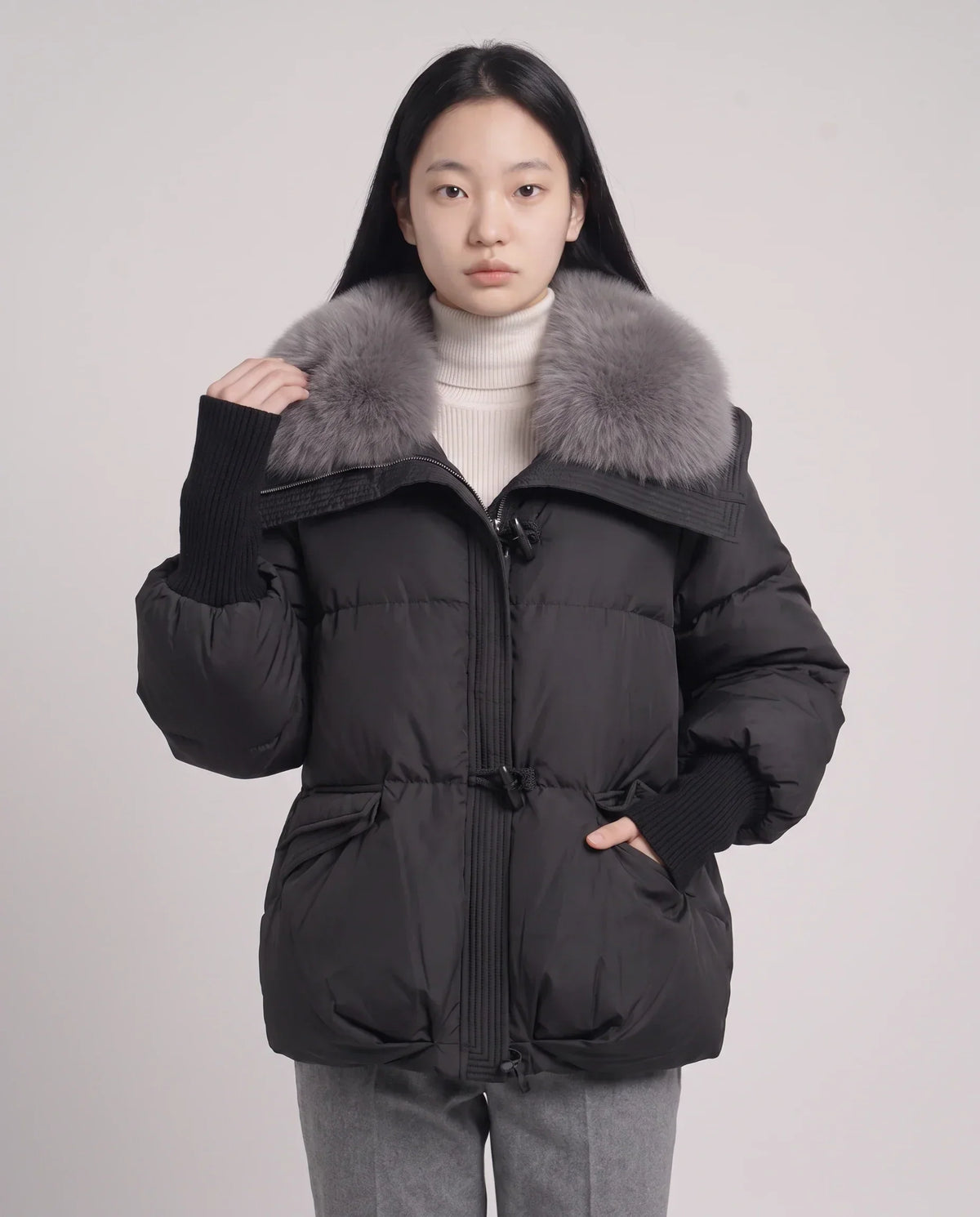 Short Puffer Jacket with Faux Fur Collar