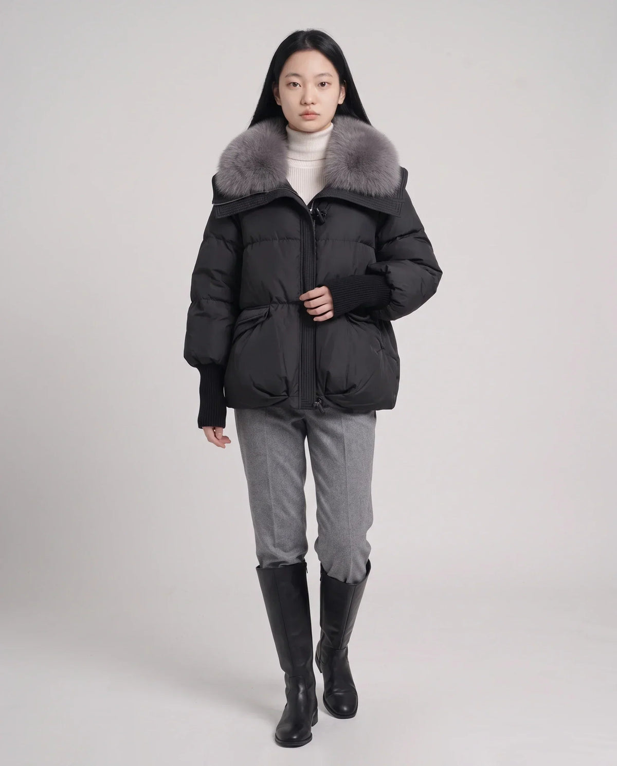 Short Puffer Jacket with Faux Fur Collar
