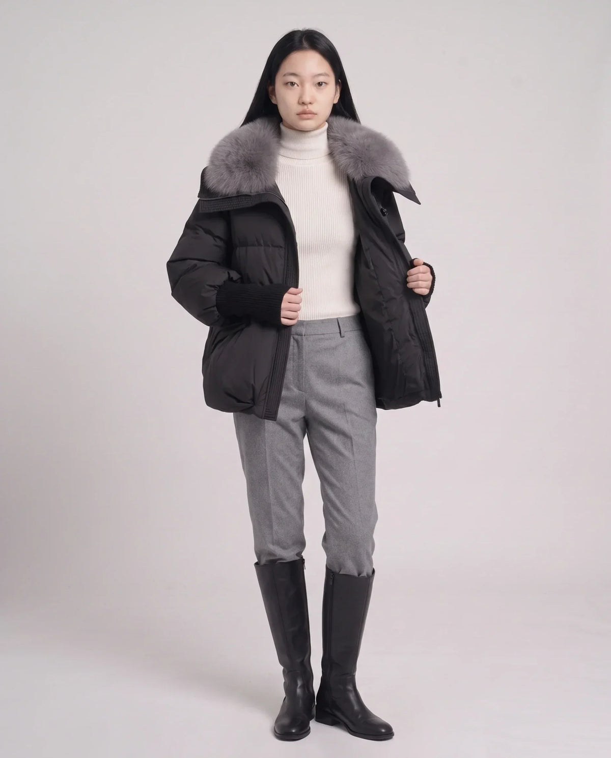 Short Puffer Jacket with Faux Fur Collar