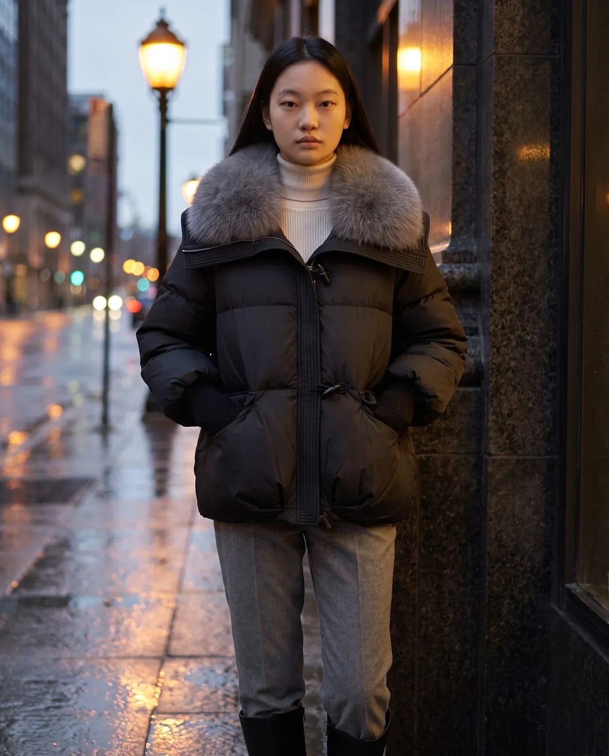 Short Puffer Jacket with Faux Fur Collar