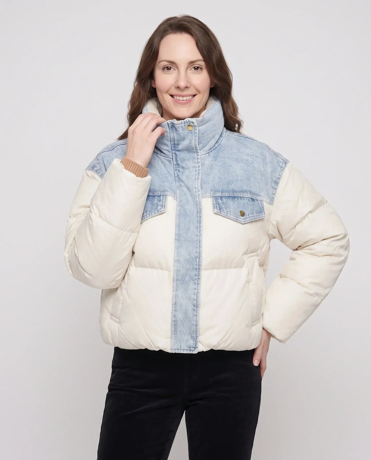 Short Oversized Puffer Jacket with Denim Panels