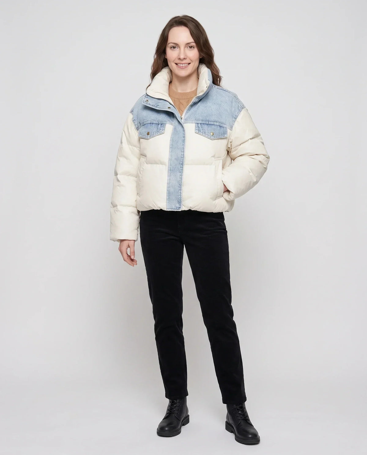 Short Oversized Puffer Jacket with Denim Panels