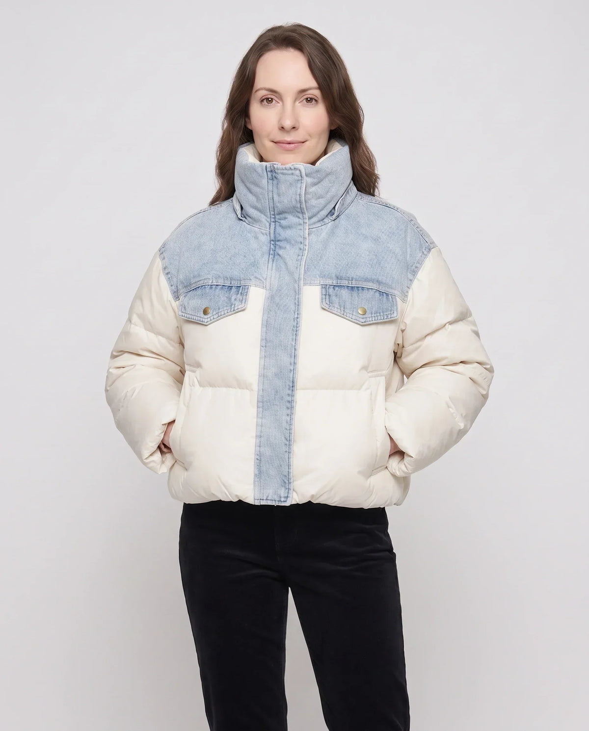 Short Oversized Puffer Jacket with Denim Panels