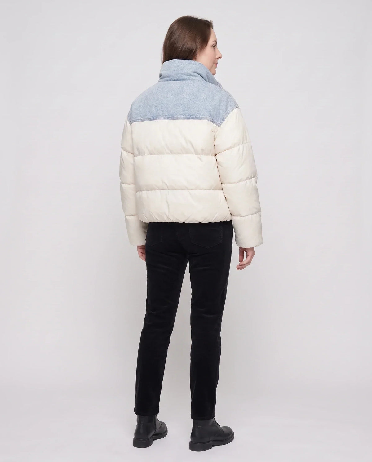 Short Oversized Puffer Jacket with Denim Panels