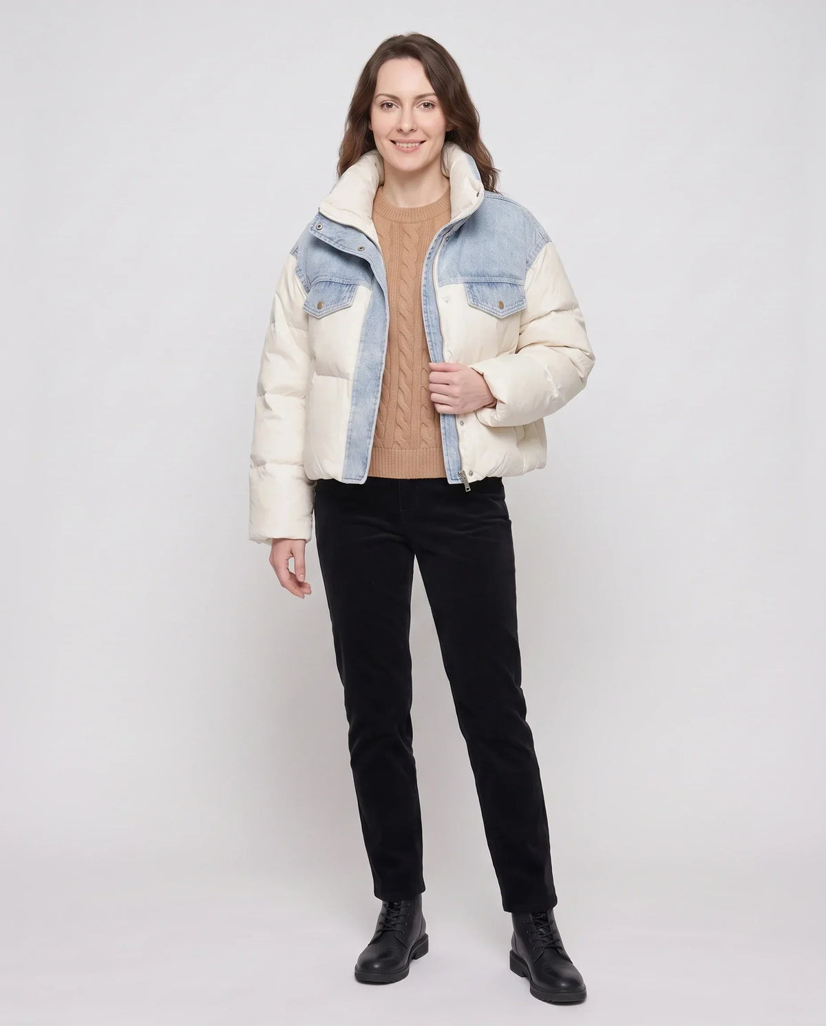 Short Oversized Puffer Jacket with Denim Panels
