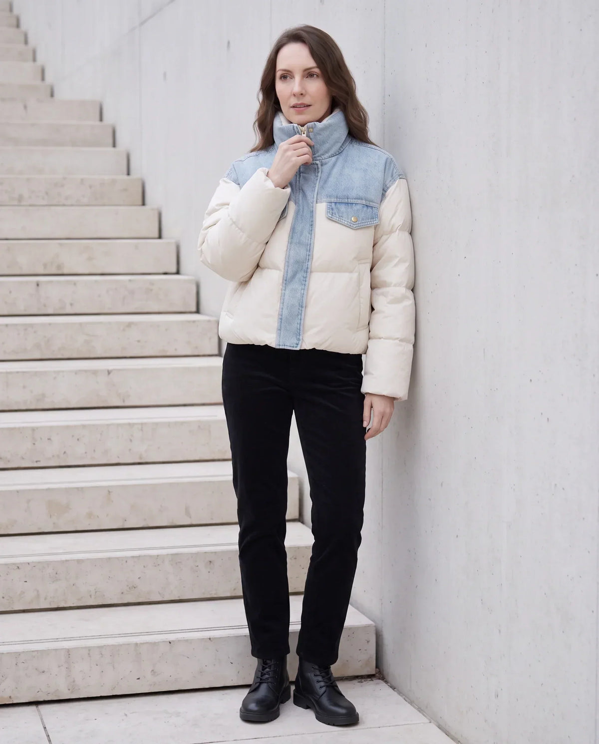 Short Oversized Puffer Jacket with Denim Panels