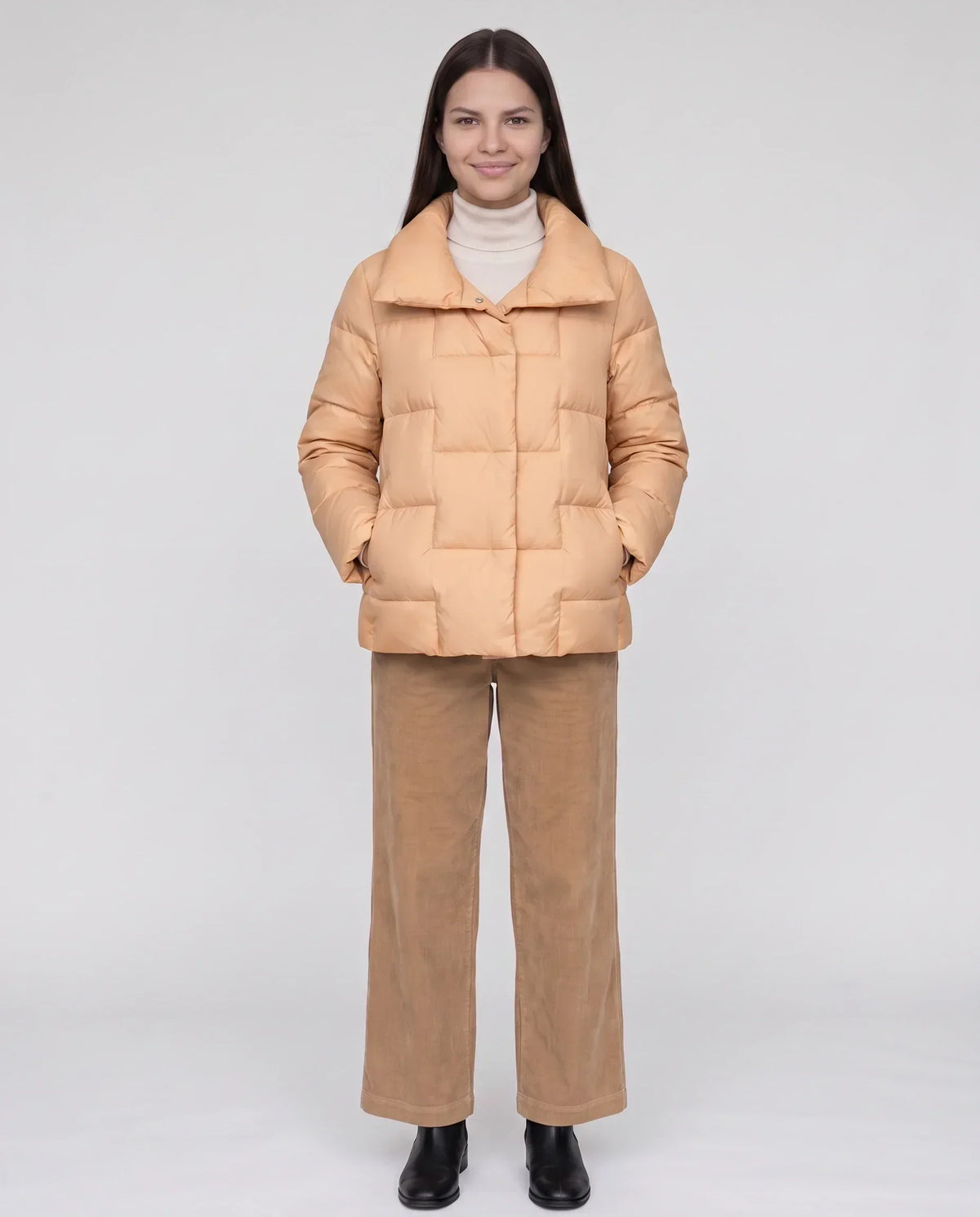 Short Puffer Jacket with Large Collar and Box Quilting