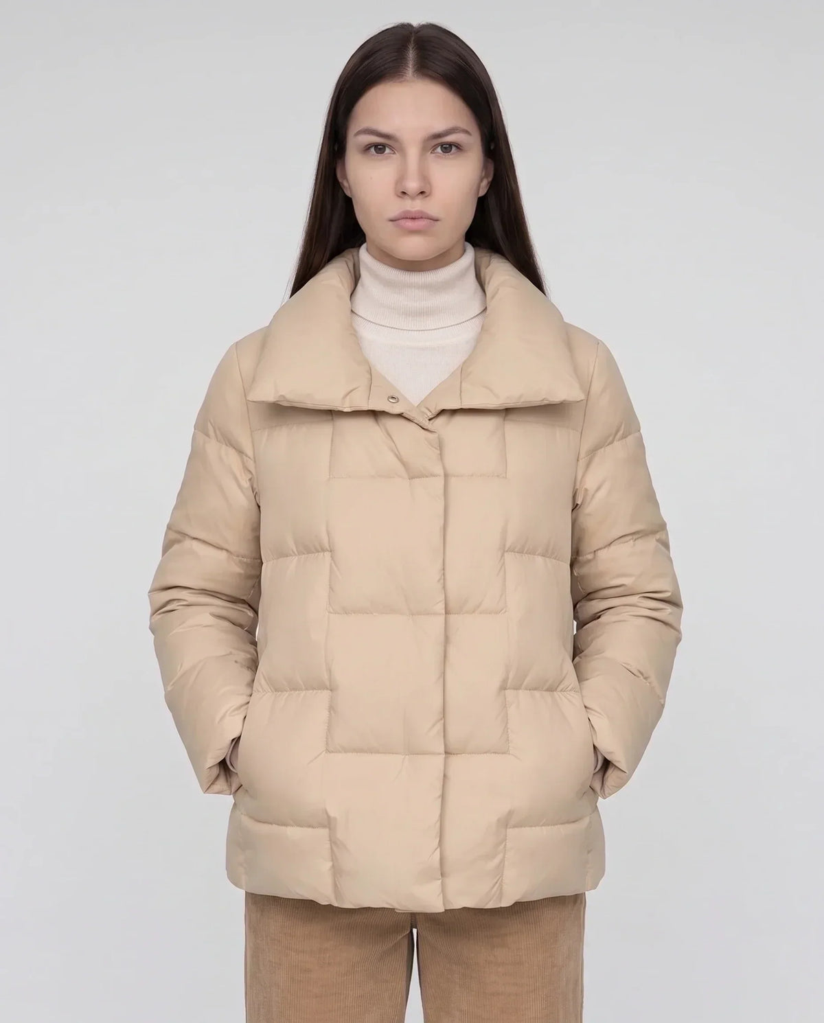 Short Puffer Jacket with Large Collar and Box Quilting