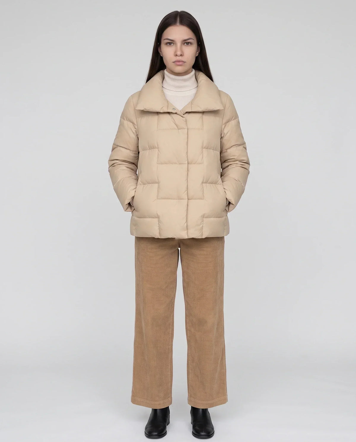 Short Puffer Jacket with Large Collar and Box Quilting