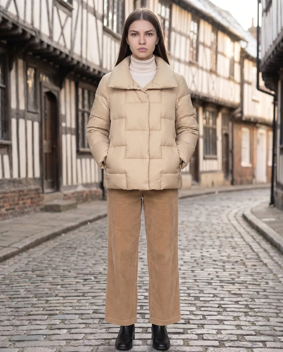 Short Puffer Jacket with Large Collar and Box Quilting