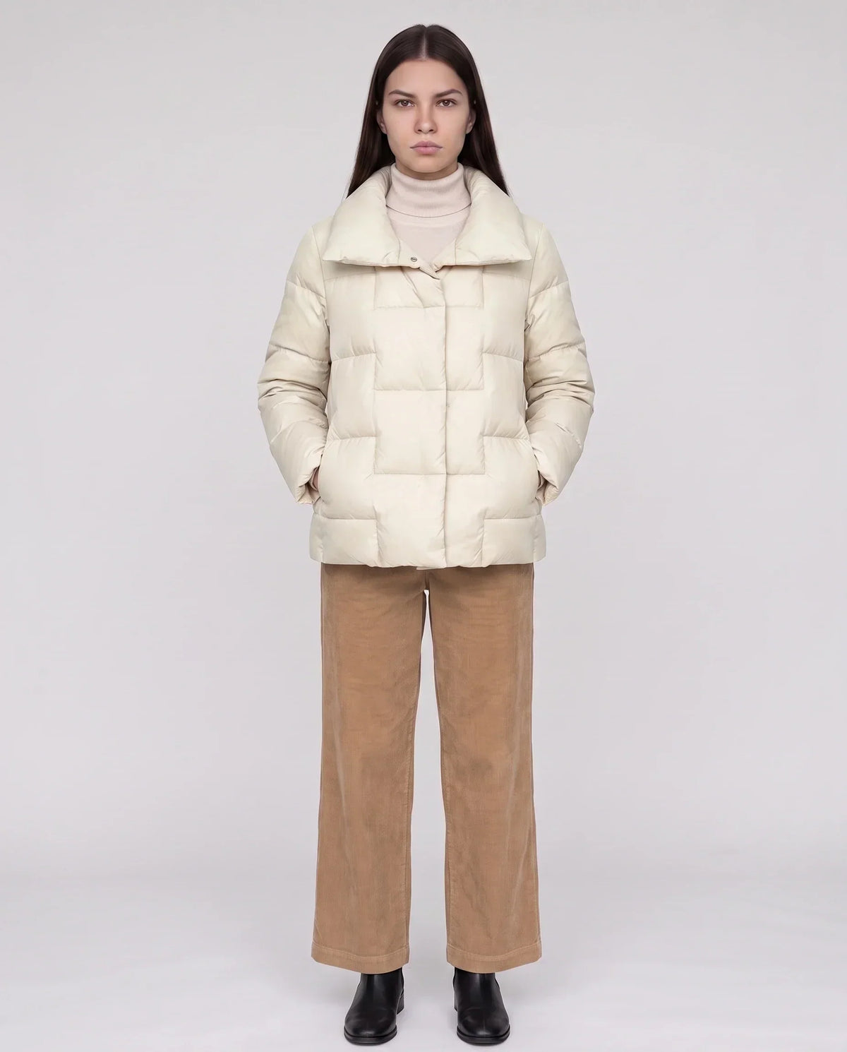 Short Puffer Jacket with Large Collar and Box Quilting