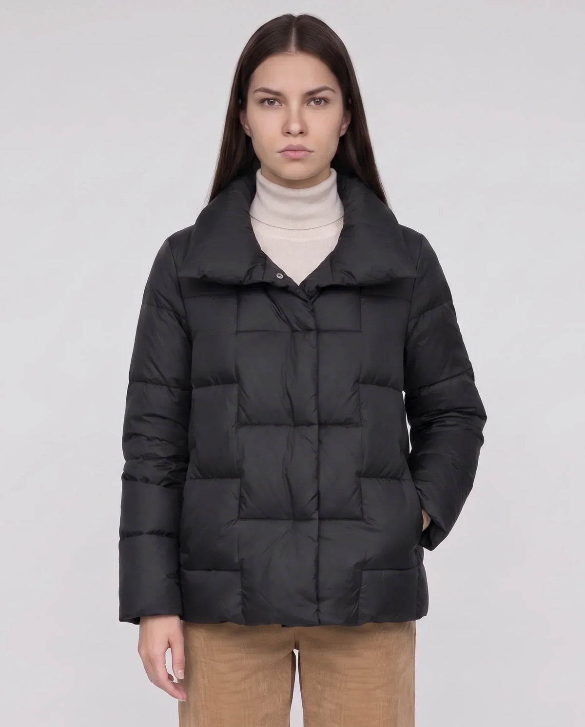 Short Puffer Jacket with Large Collar and Box Quilting