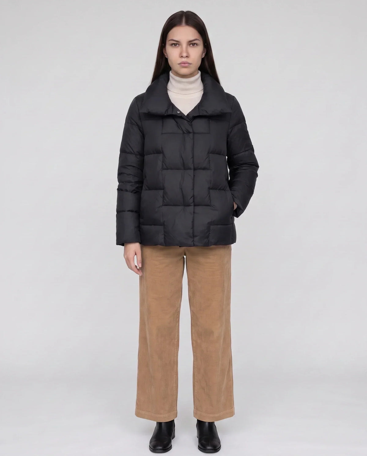 Short Puffer Jacket with Large Collar and Box Quilting