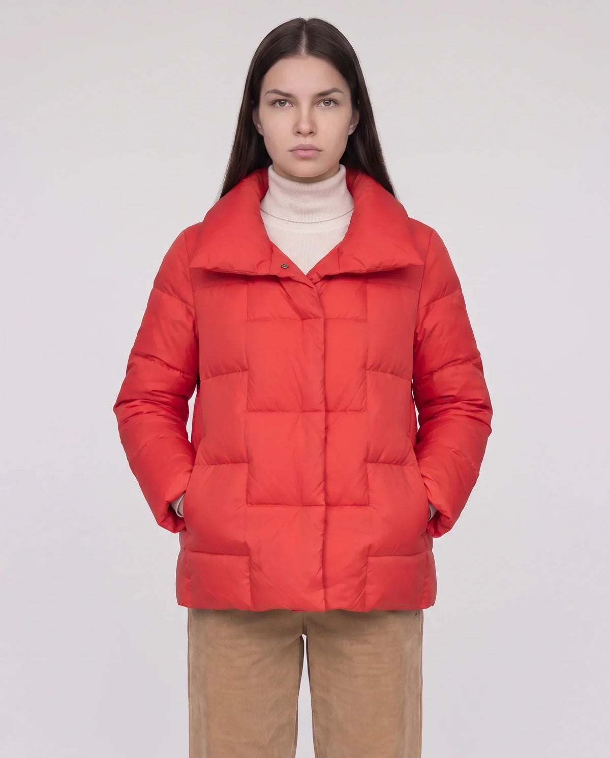 Short Puffer Jacket with Large Collar and Box Quilting