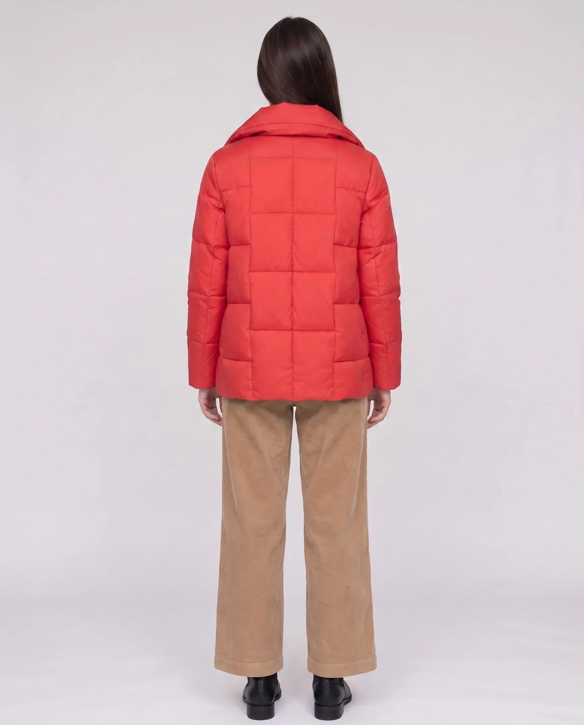 Short Puffer Jacket with Large Collar and Box Quilting