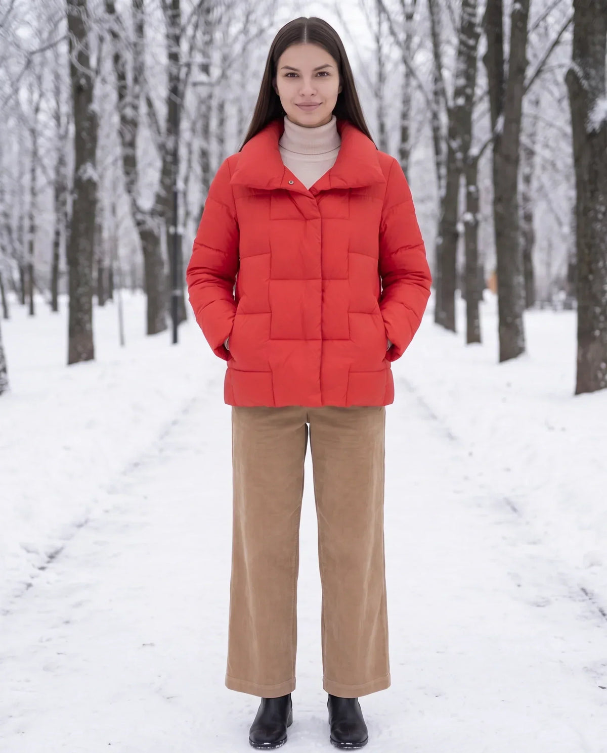 Short Puffer Jacket with Large Collar and Box Quilting