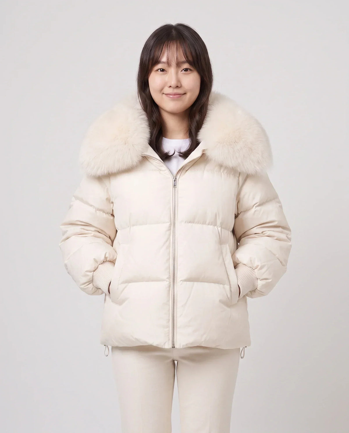 Short Puffer Jacket with Large Faux Fur Shawl Collar
