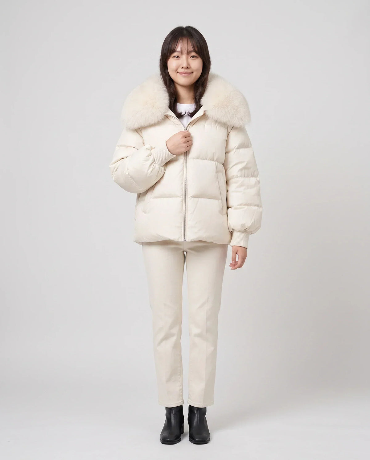 Short Puffer Jacket with Large Faux Fur Shawl Collar