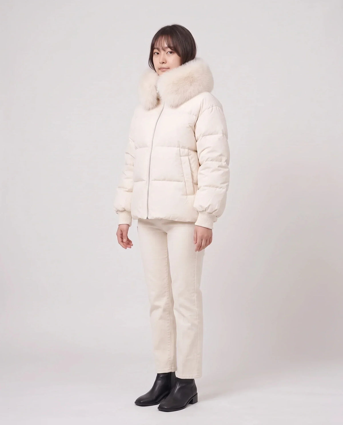 Short Puffer Jacket with Large Faux Fur Shawl Collar