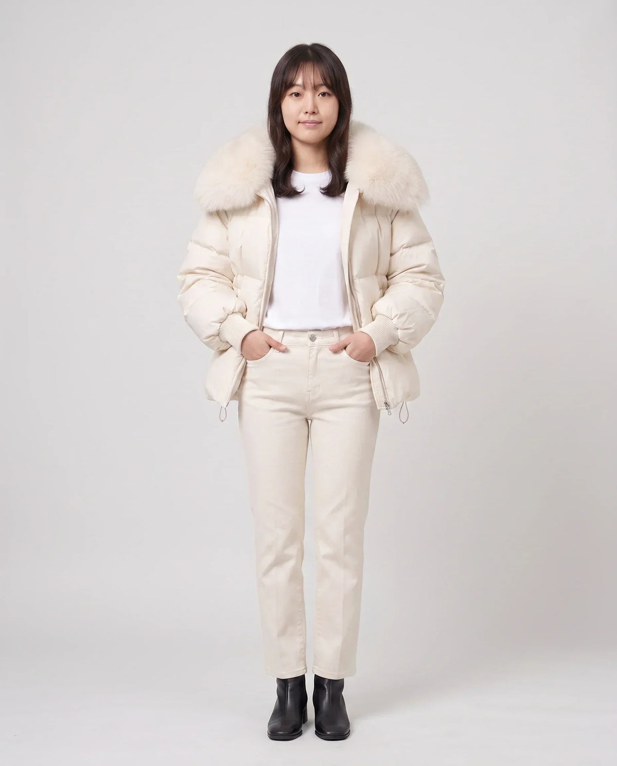 Short Puffer Jacket with Large Faux Fur Shawl Collar