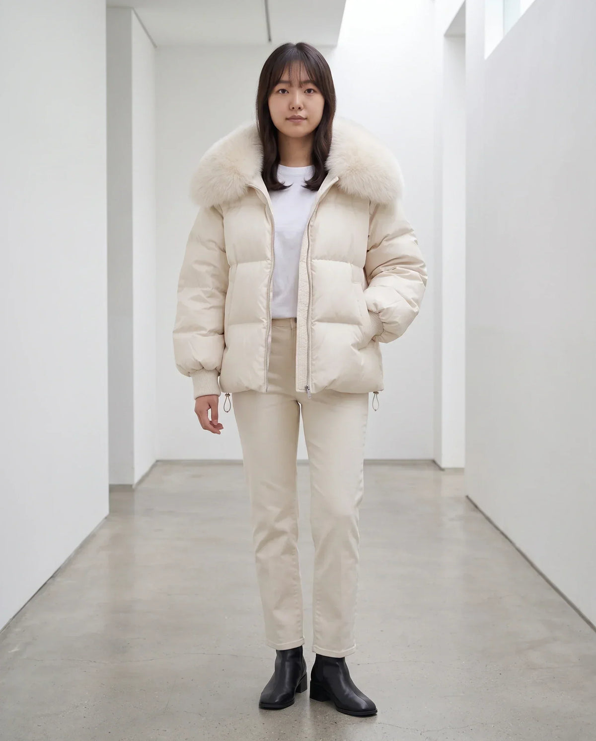 Short Puffer Jacket with Large Faux Fur Shawl Collar