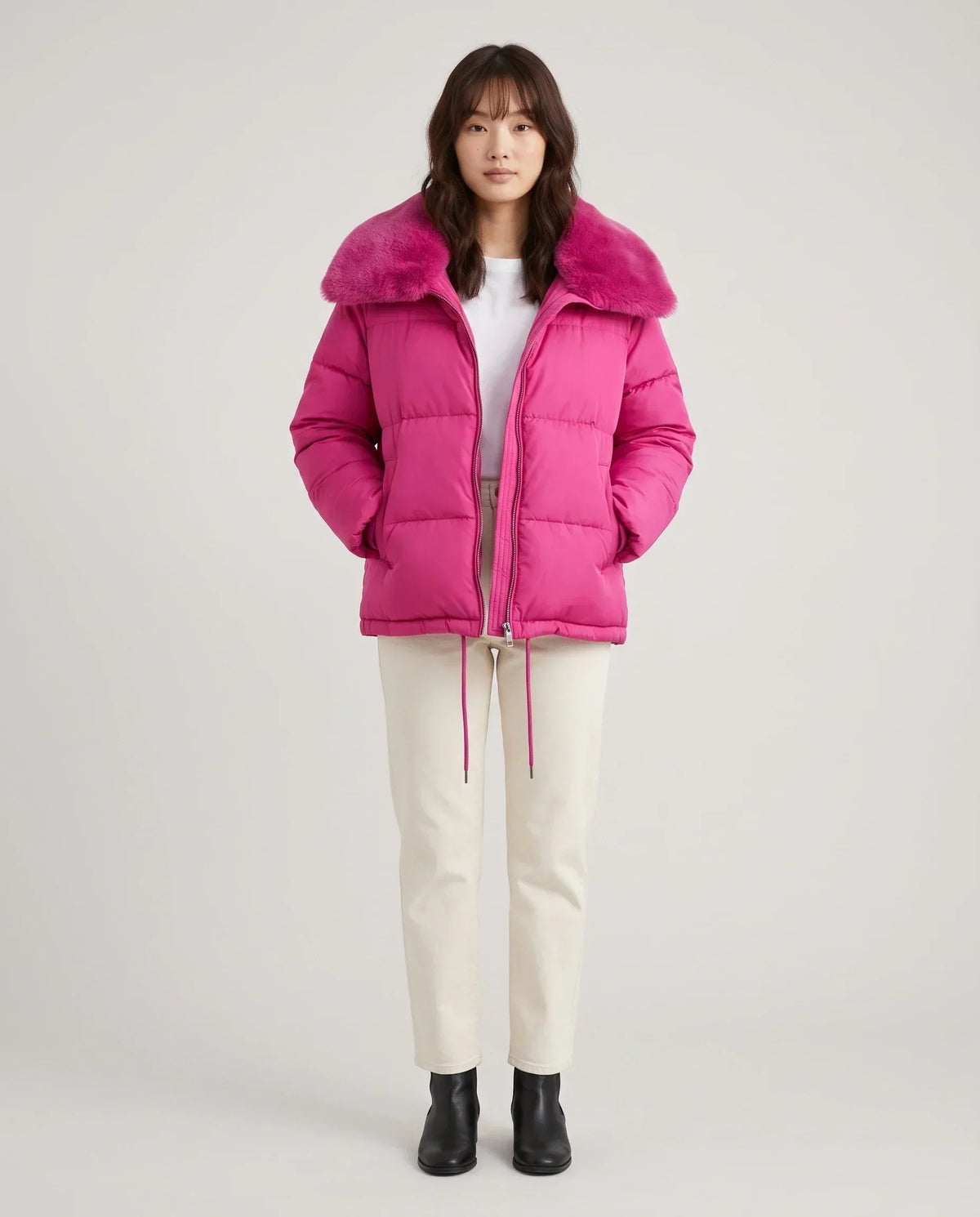 Short Puffer Jacket with Large Faux Fur Shawl Collar
