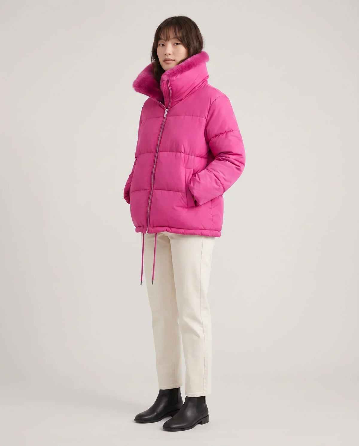 Short Puffer Jacket with Large Faux Fur Shawl Collar