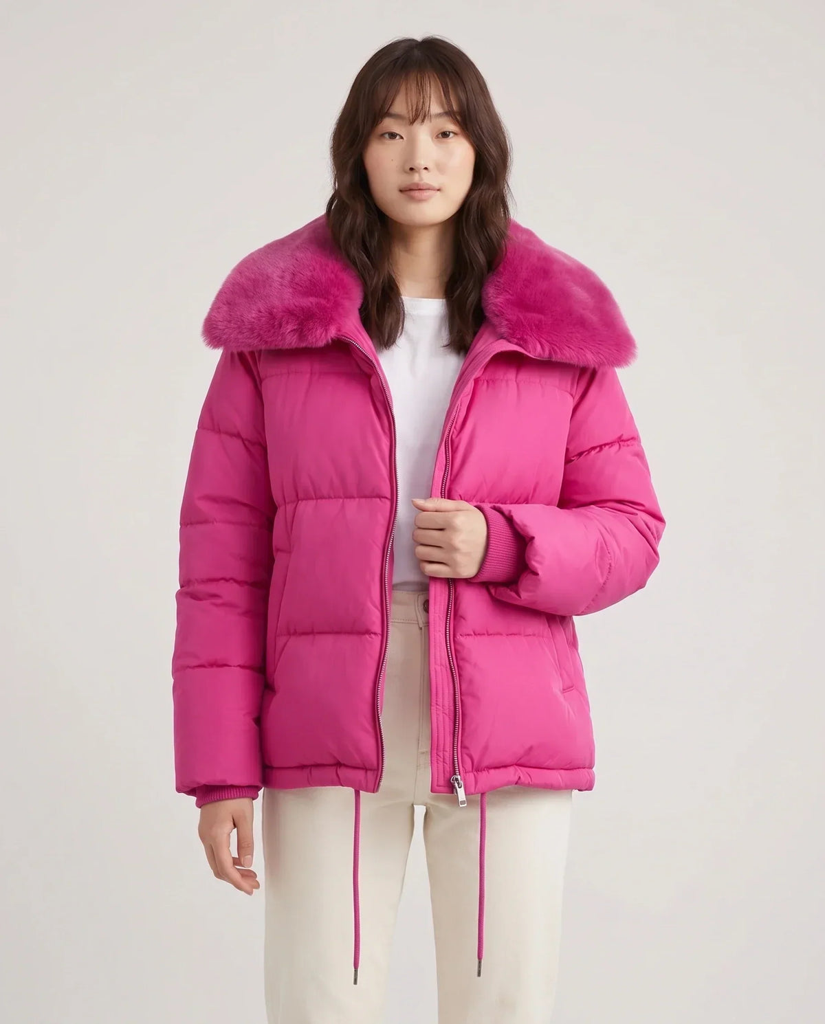 Short Puffer Jacket with Large Faux Fur Shawl Collar