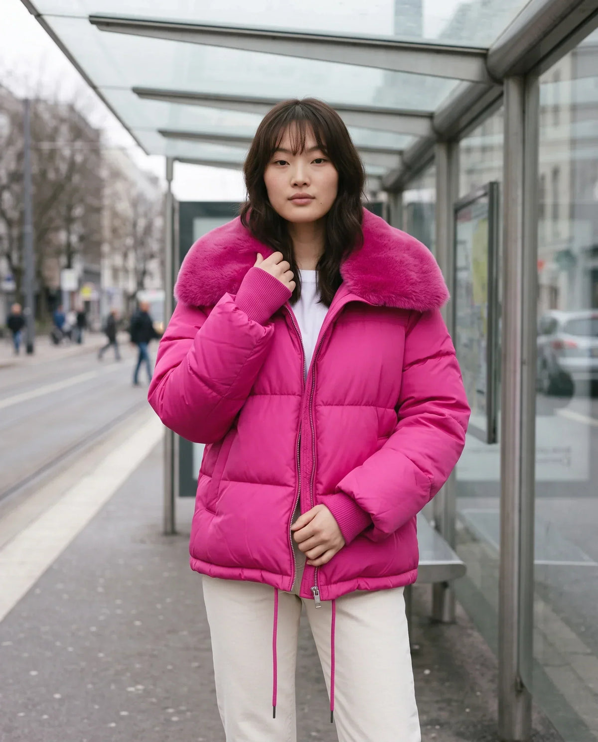 Short Puffer Jacket with Large Faux Fur Shawl Collar