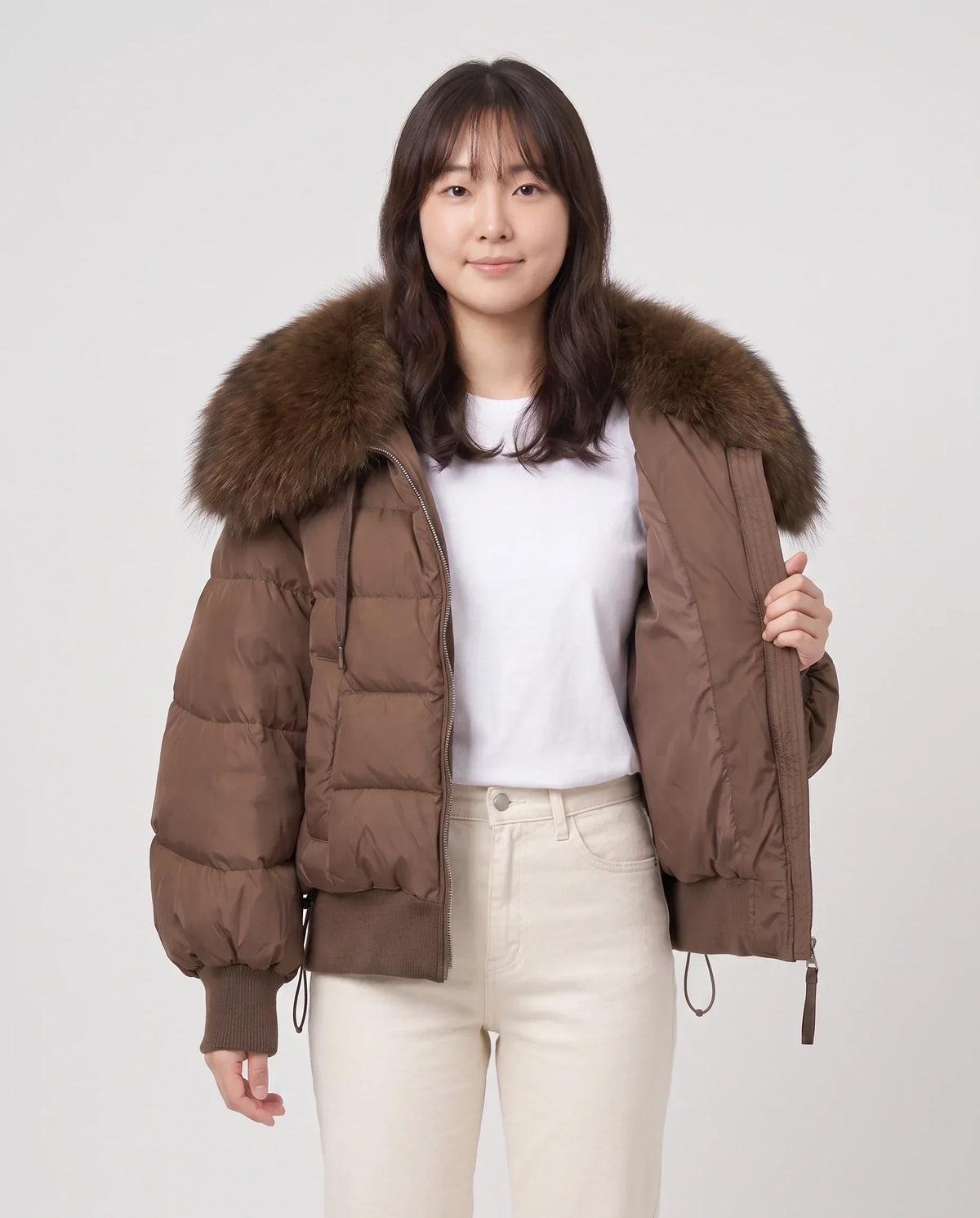 Short Puffer Jacket with Large Faux Fur Shawl Collar