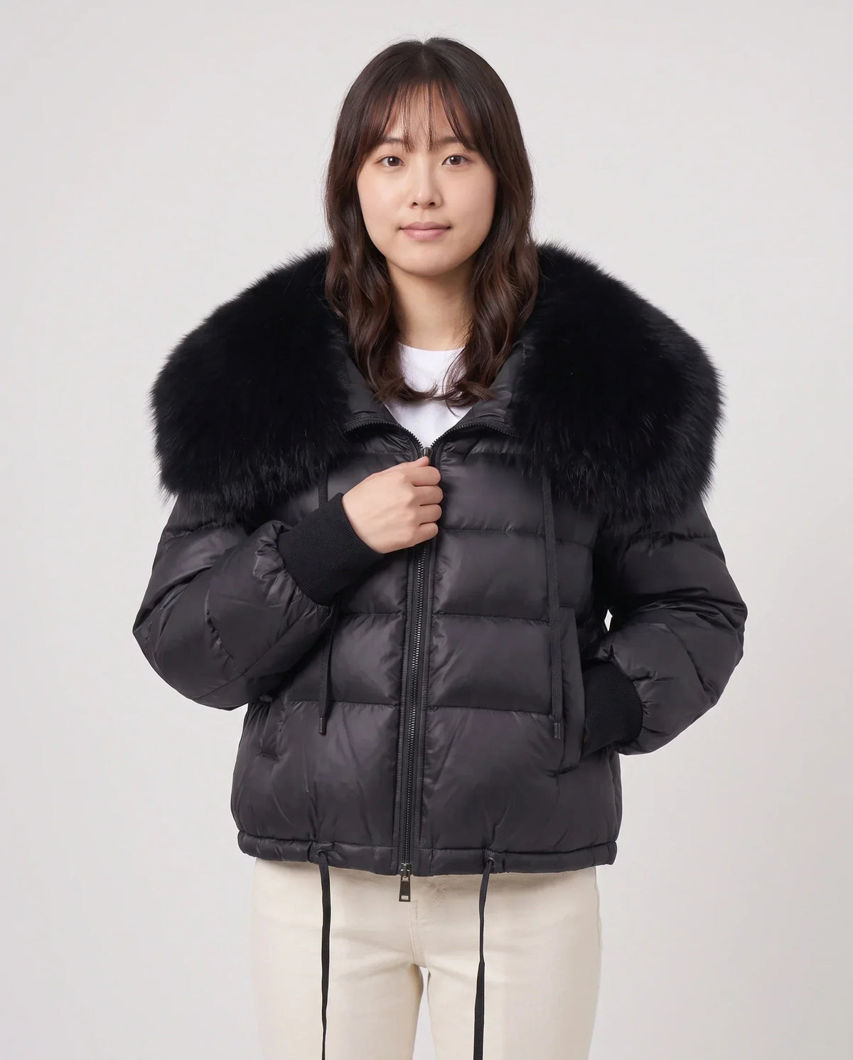 Short Puffer Jacket with Large Faux Fur Shawl Collar