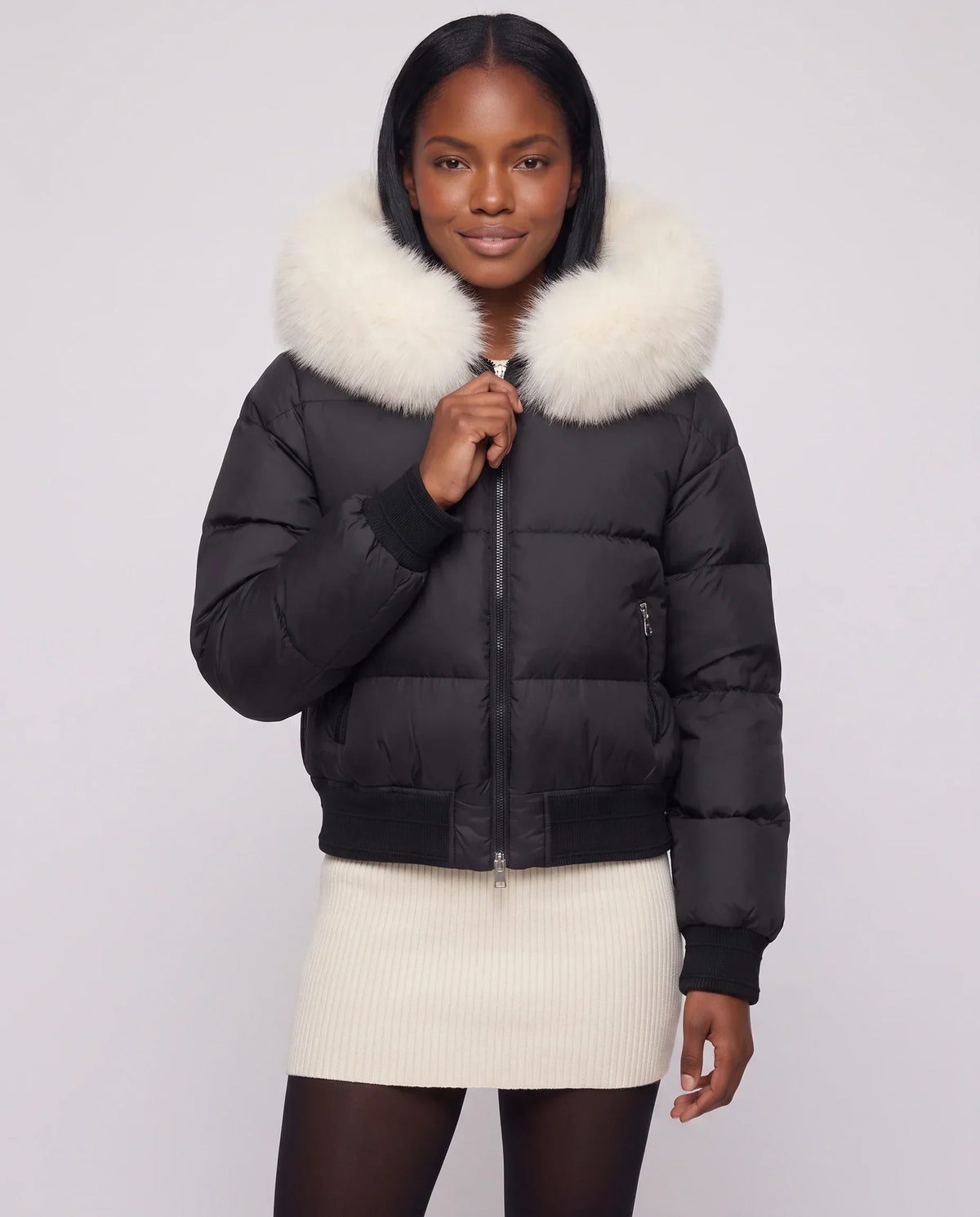 Short Bomber Puffer Jacket with Faux Fur Hood