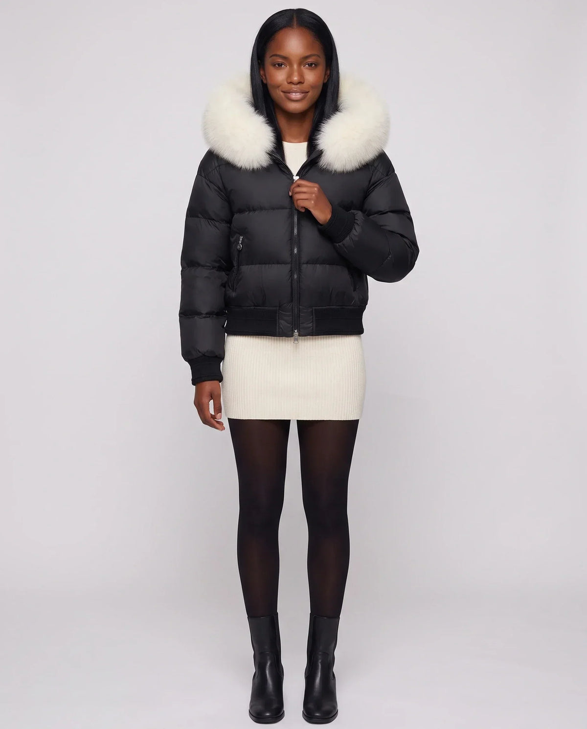 Short Bomber Puffer Jacket with Faux Fur Hood