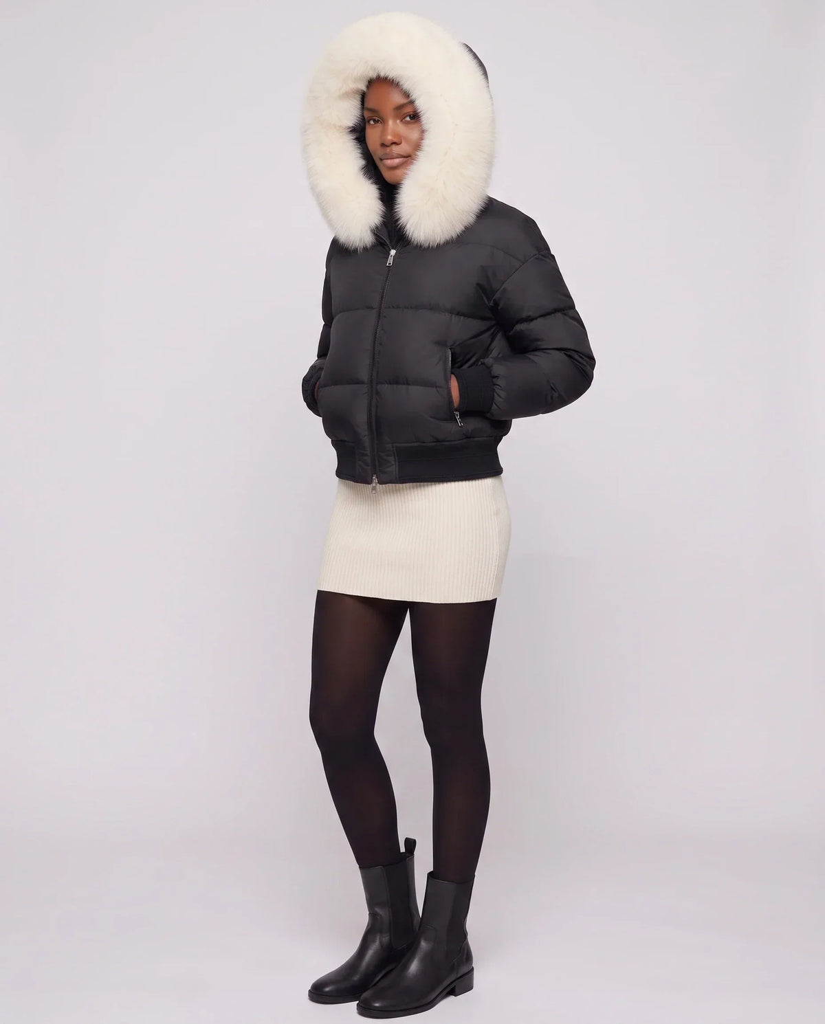 Short Bomber Puffer Jacket with Faux Fur Hood