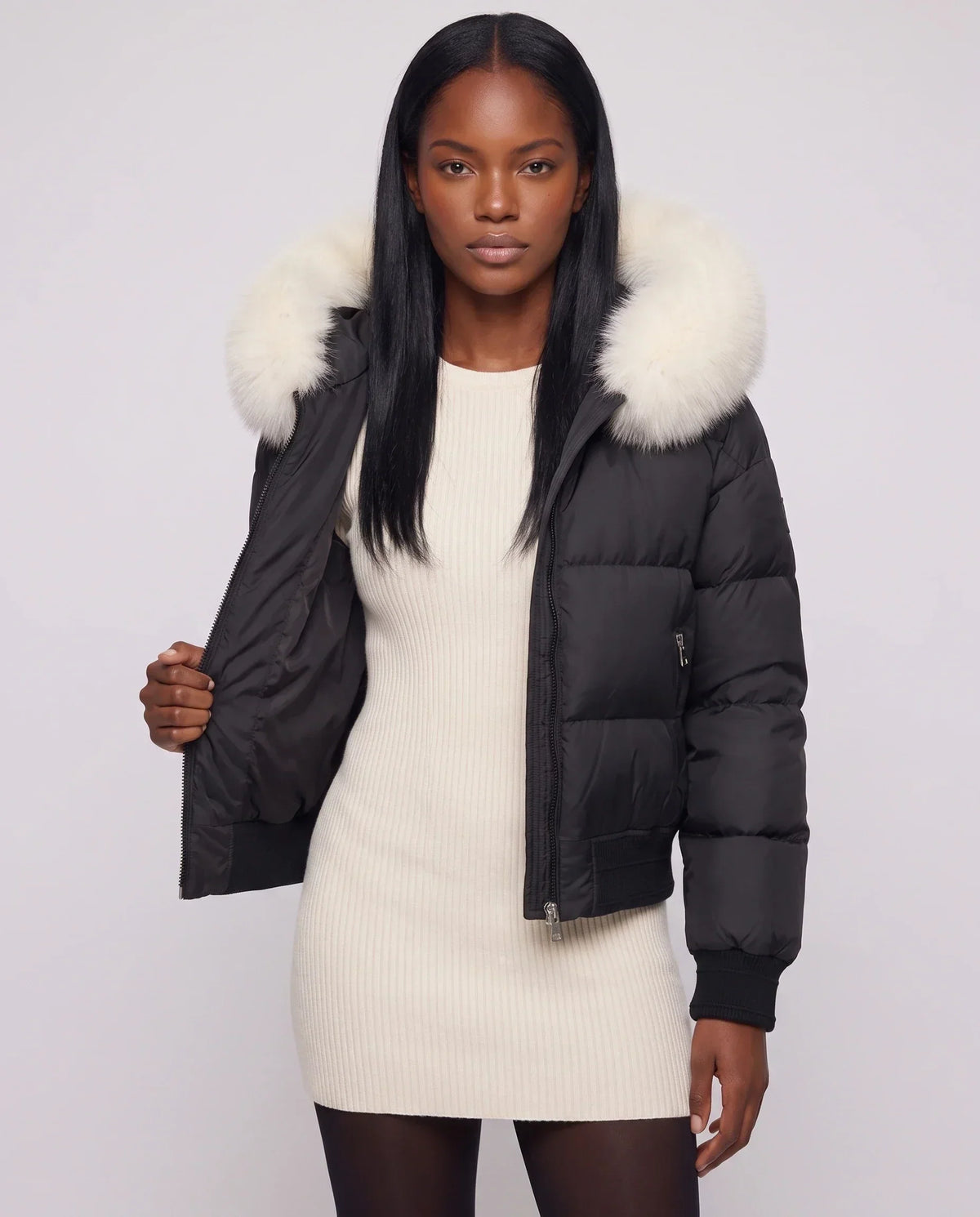 Short Bomber Puffer Jacket with Faux Fur Hood