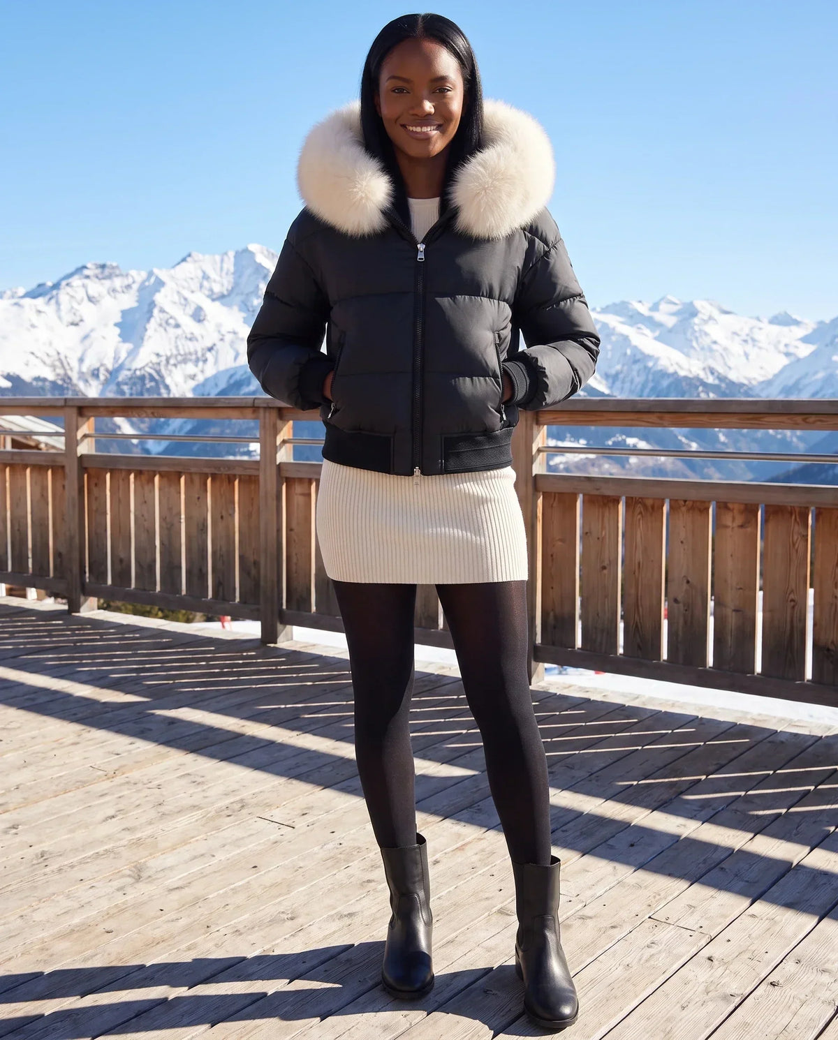 Short Bomber Puffer Jacket with Faux Fur Hood
