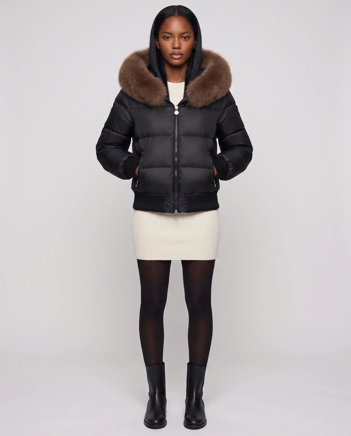 Short Bomber Puffer Jacket with Faux Fur Hood