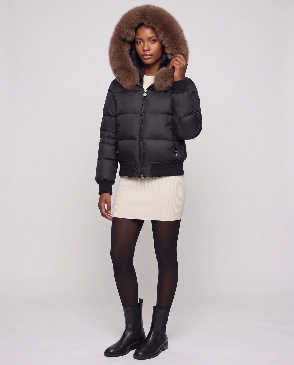 Short Bomber Puffer Jacket with Faux Fur Hood