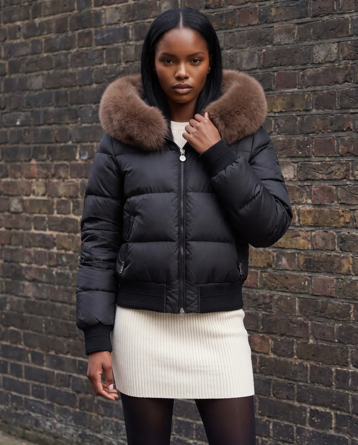 Short Bomber Puffer Jacket with Faux Fur Hood