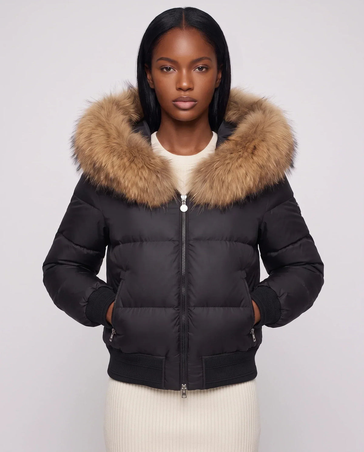 Short Bomber Puffer Jacket with Faux Fur Hood
