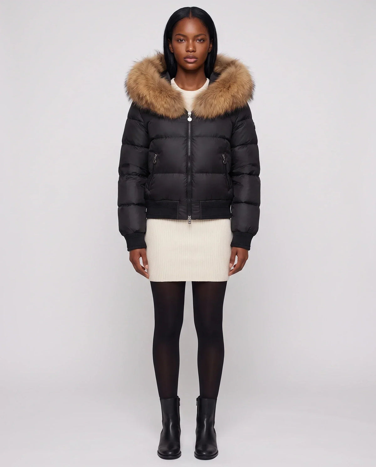 Short Bomber Puffer Jacket with Faux Fur Hood