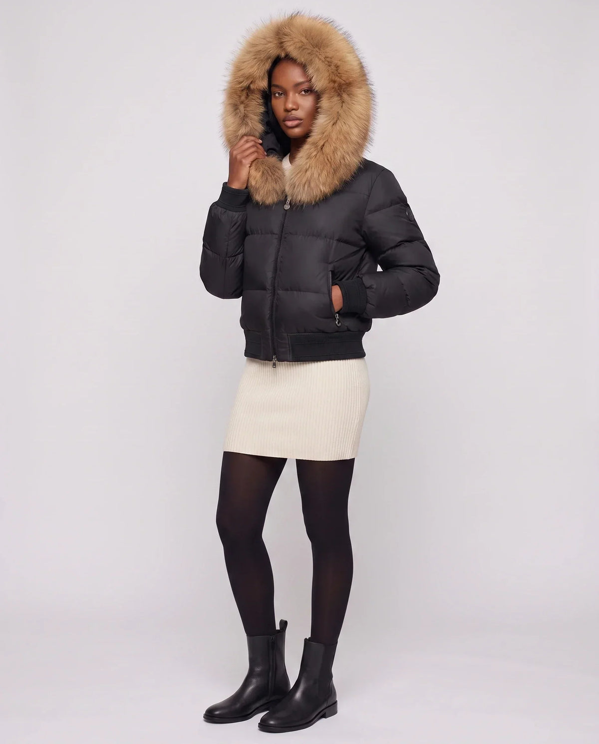 Short Bomber Puffer Jacket with Faux Fur Hood