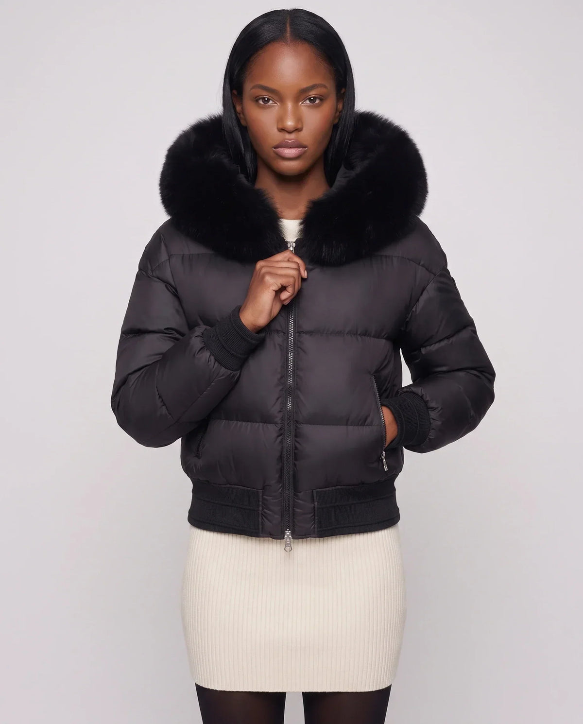 Short Bomber Puffer Jacket with Faux Fur Hood