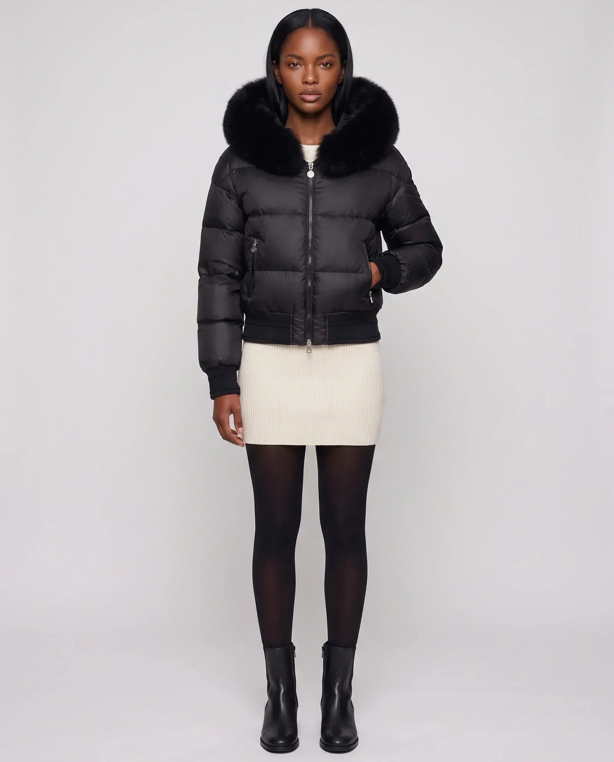 Short Bomber Puffer Jacket with Faux Fur Hood