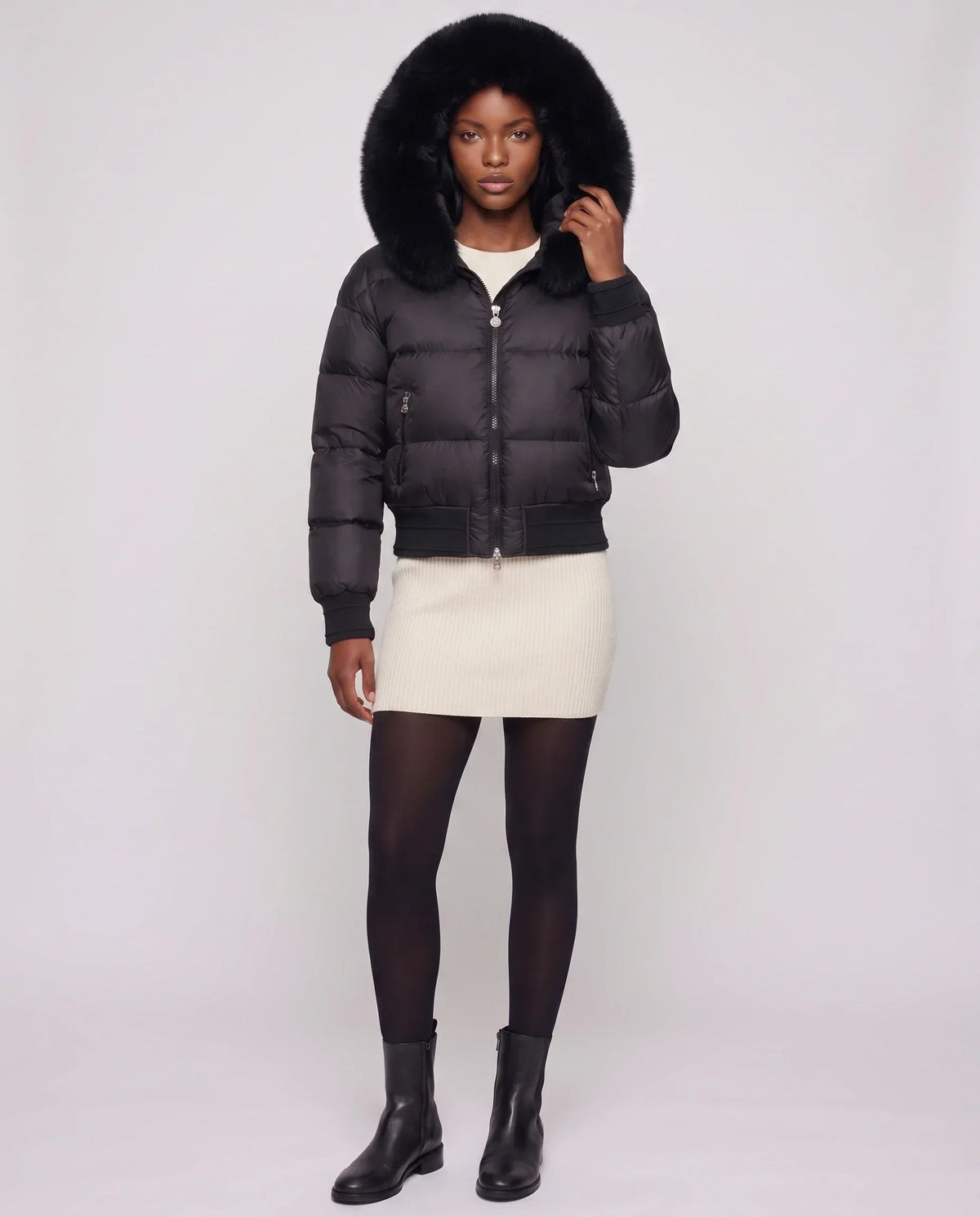Short Bomber Puffer Jacket with Faux Fur Hood