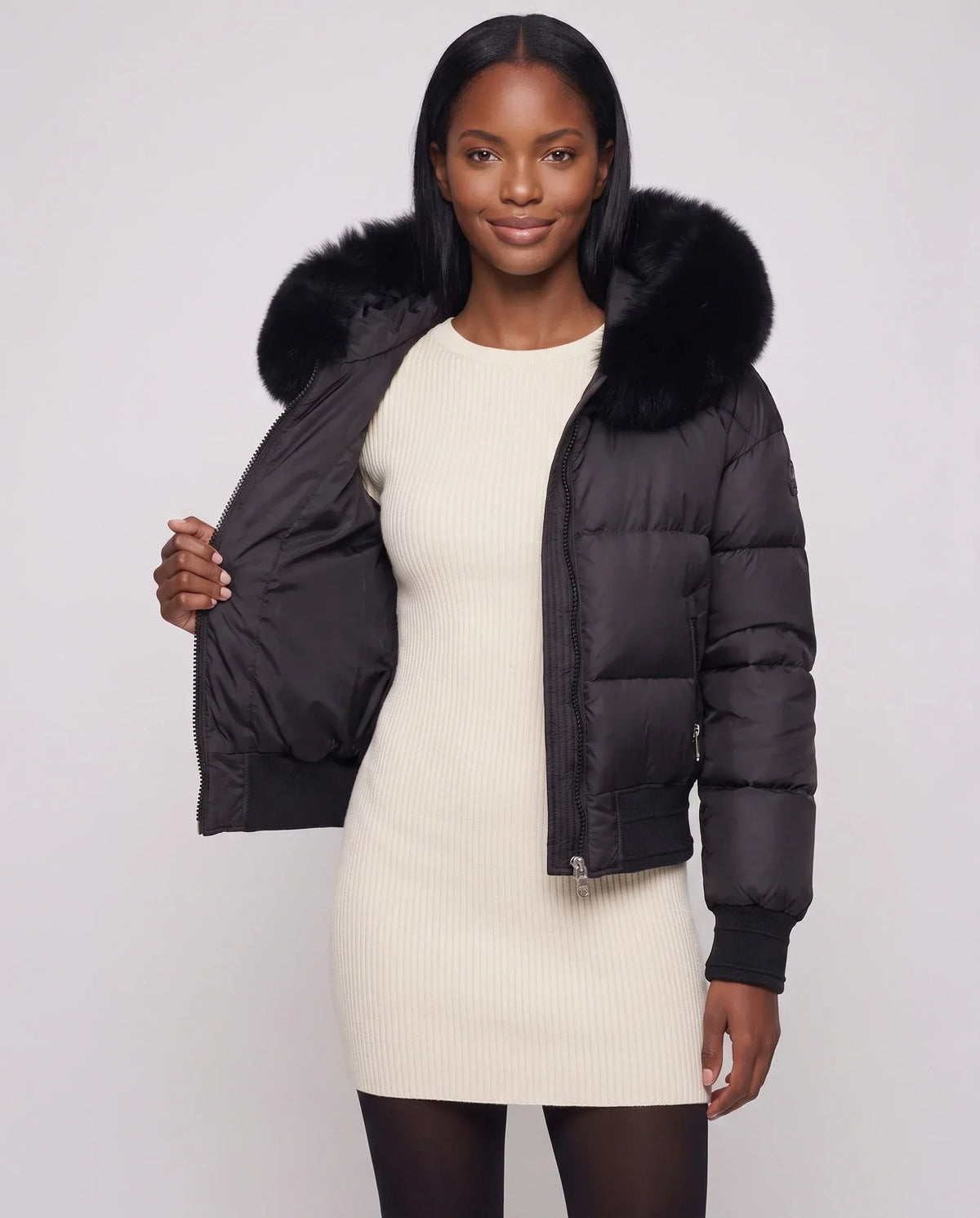 Short Bomber Puffer Jacket with Faux Fur Hood