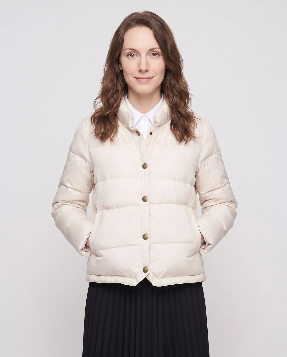 Short Lightweight Puffer Jacket with Brass Poppers