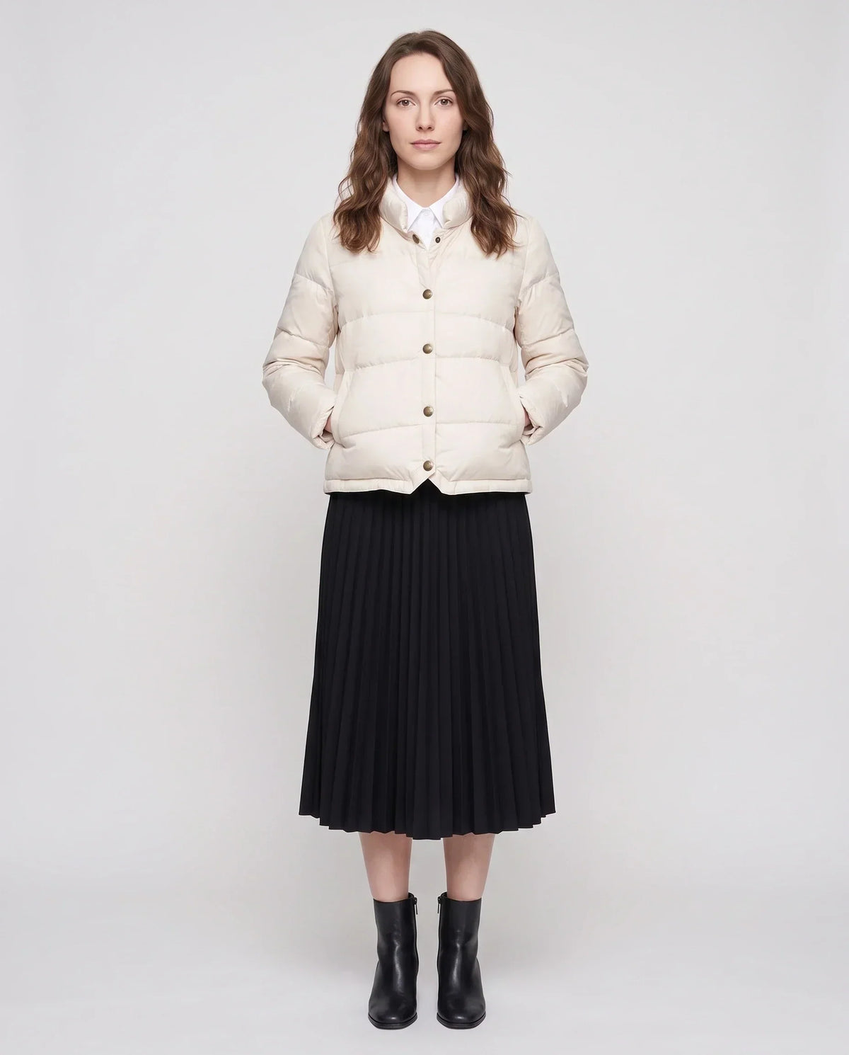 Short Lightweight Puffer Jacket with Brass Poppers