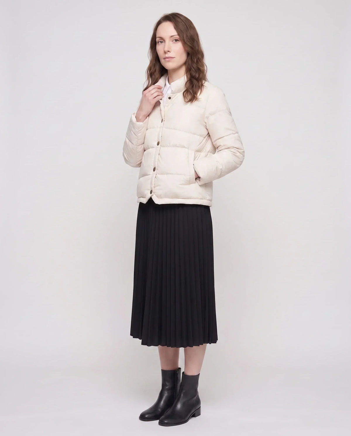 Short Lightweight Puffer Jacket with Brass Poppers